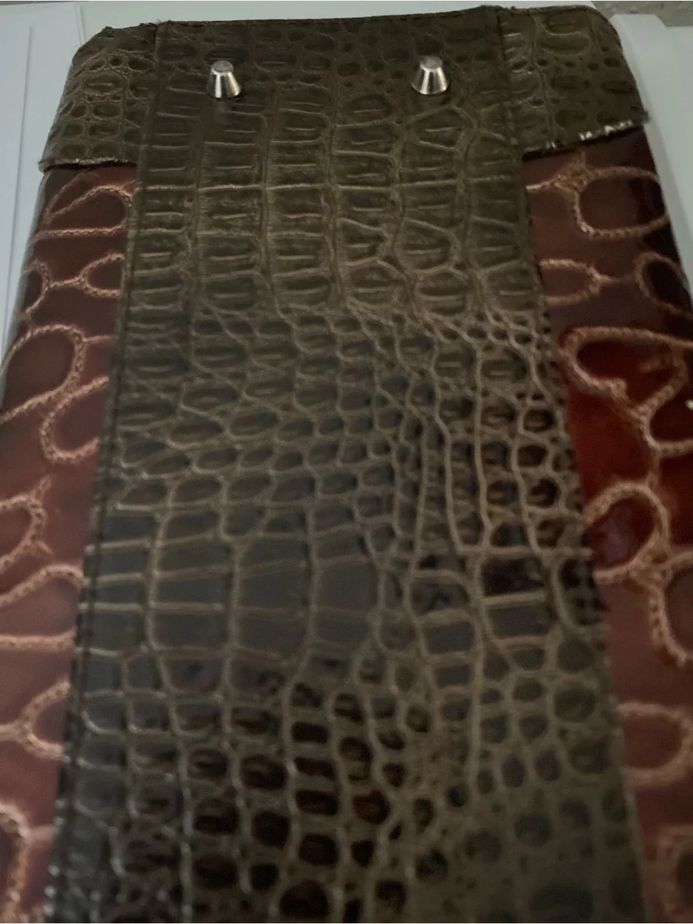 Miche Men’s Wallet Clutch in Brown and Dark Brown Croc-Embossed Leather